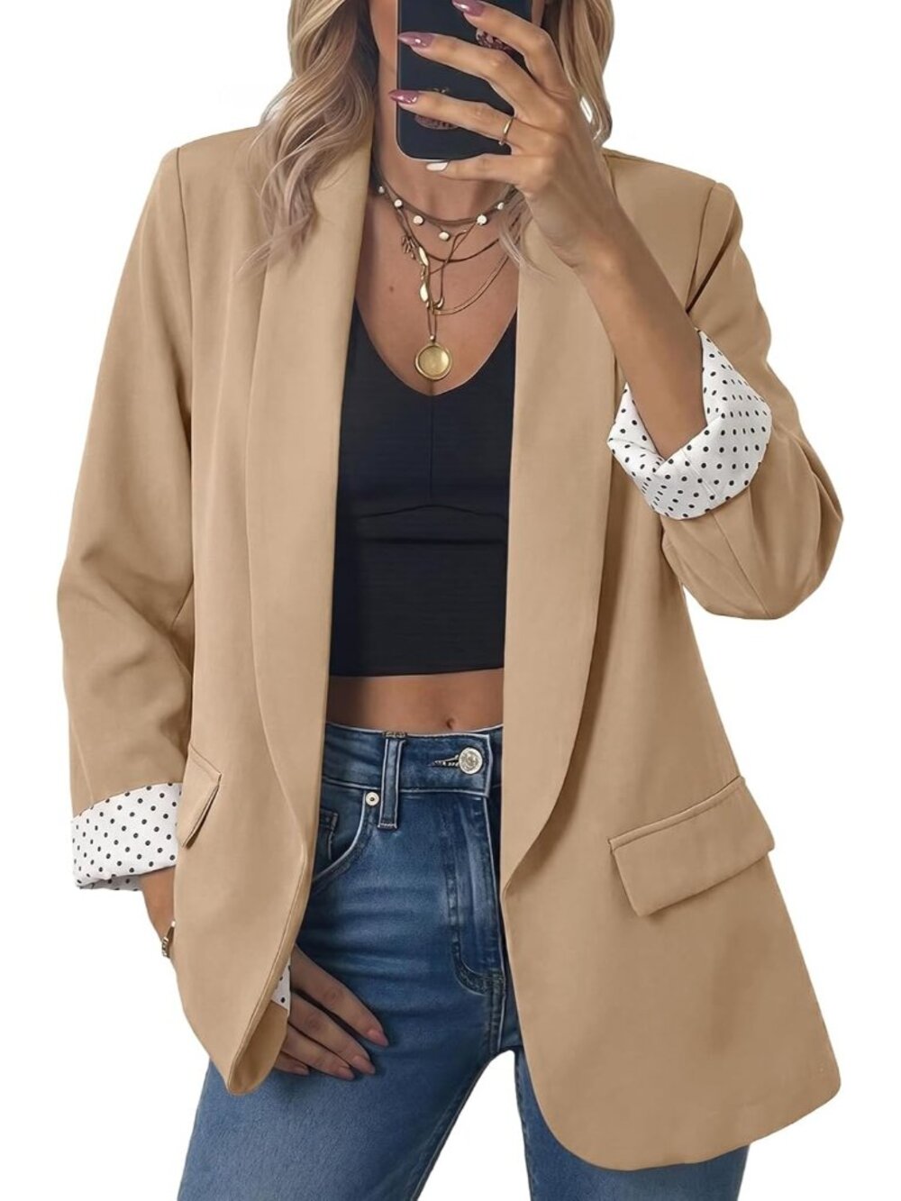 Women Khaki Oversized Open Front Shawl Collar Polka Dot Cuff Classic Suit Jacket